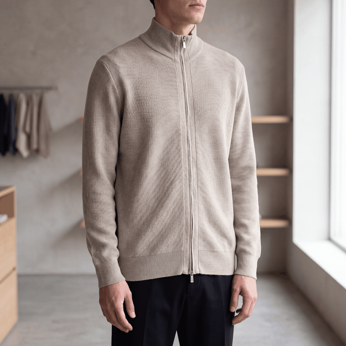 Herren Halbreißverschluss Stehkragen Pullover Merino Wolle Seide Italian Style