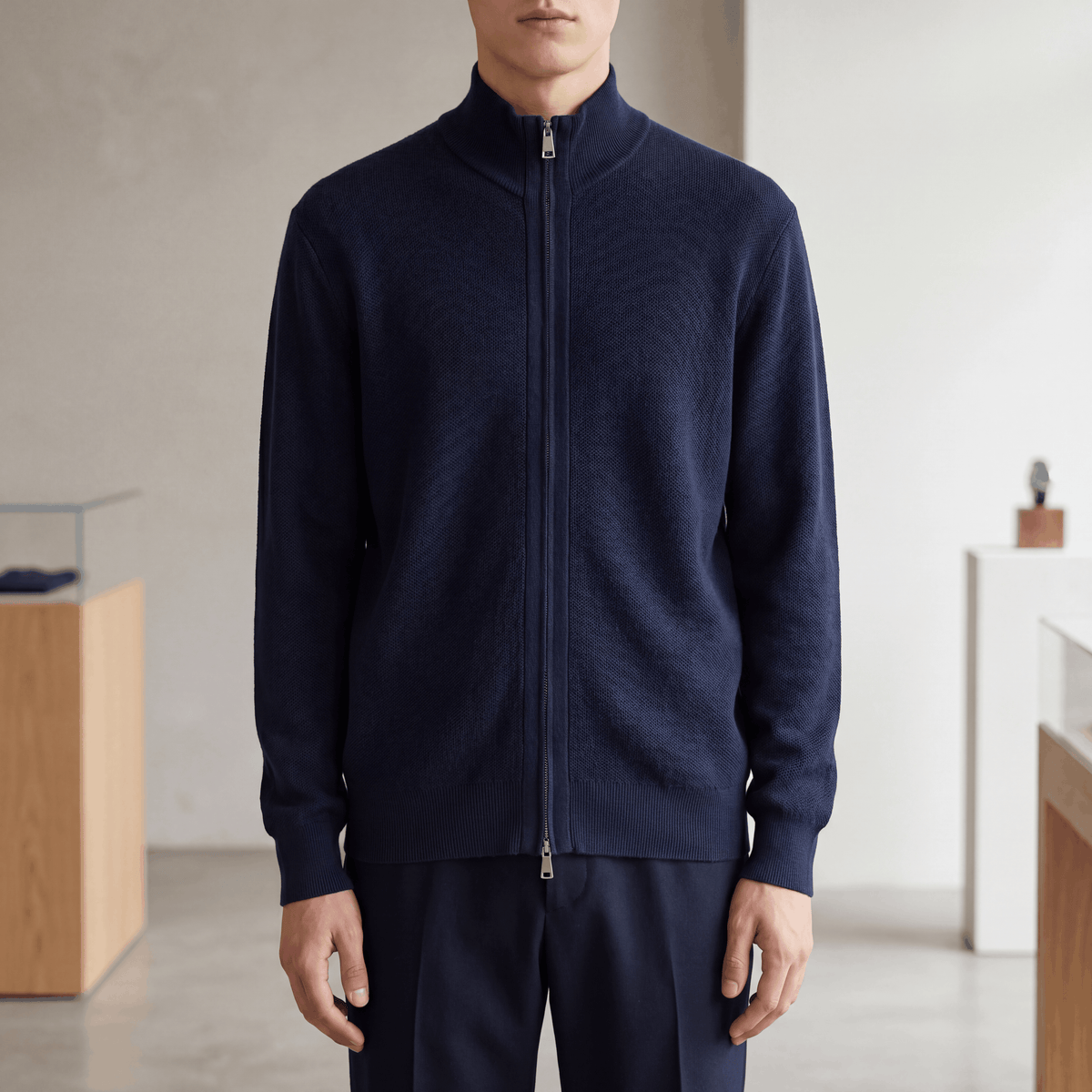 Herren Halbreißverschluss Stehkragen Pullover Merino Wolle Seide Italian Style